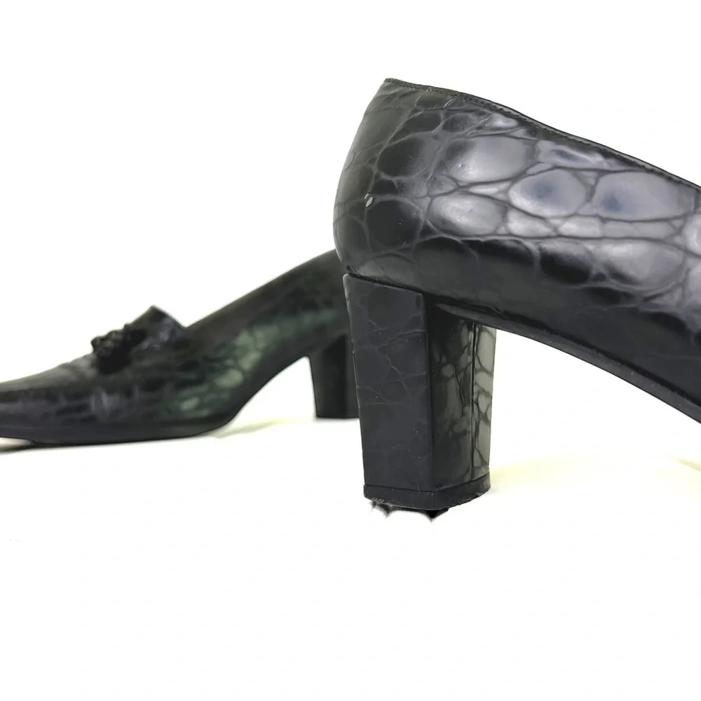 Stuart Weitzman black leather block heels square toe vintage animal prints 8.5 - Picture 7 of 14